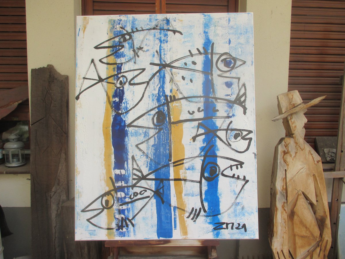 fishes jumping - acrylpainting 80x100cm 31,5 x 39,3 inch by Sonja Zeltner-Muller