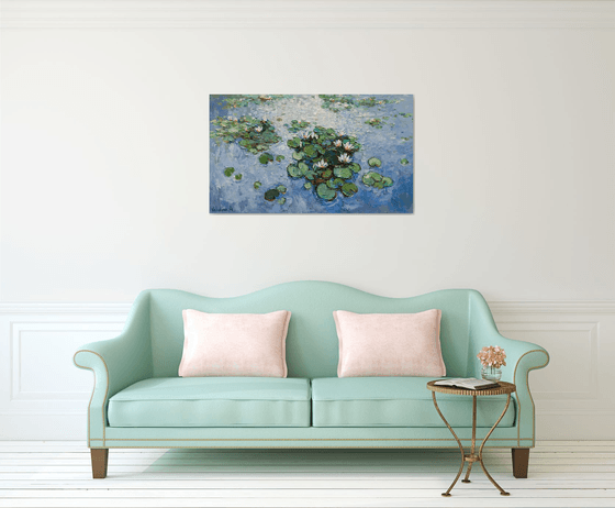 White Water Lilies - Large Original Oil painting 120 x 70 cm