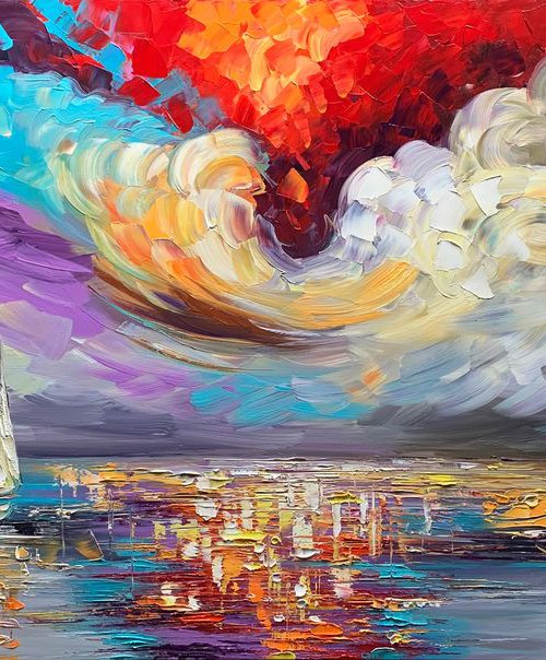 Sunset Reflections Seascape Abstract Oil Original Contemporary  Painting by Lana Guise