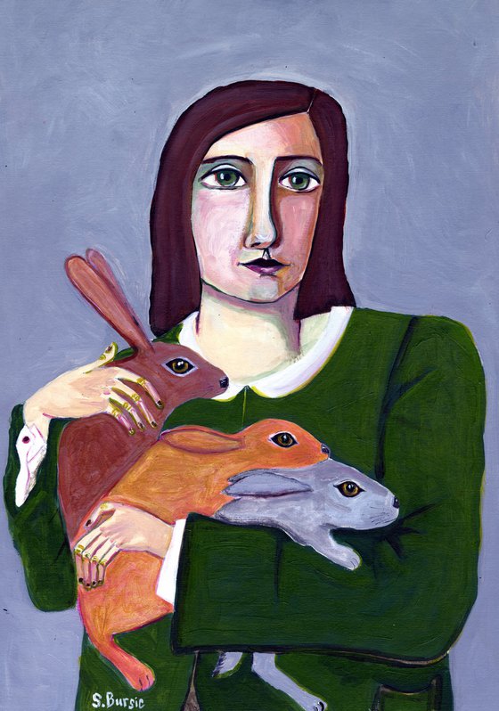 Vintage Lady with Rabbits - Naive Figurative Woman Green Rabbit Woman