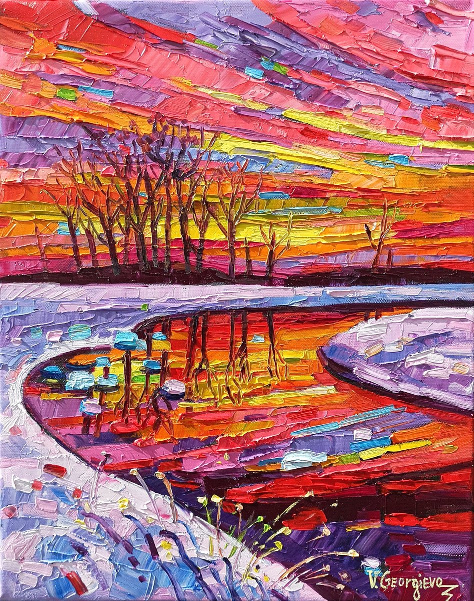 Impressionistic Landscape Oil Painting By Vanya Georgieva, 16 X 20", Winter Reflections, Original Artwork