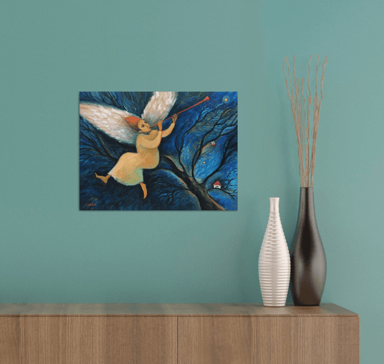 ANGEL - small oil painting with a magic angel in the sky Christmas gift home decor