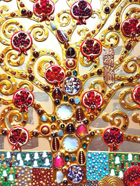 Pomegranate Tree artwork. Golden red art. Decorative wooden relief textured wall hanging sculpture with precious stones and crystal rhinestones. Gift