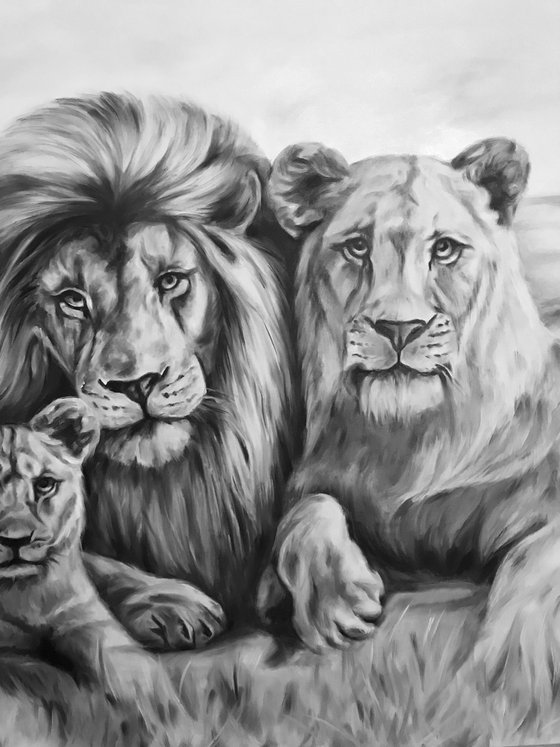 Oil painting with lions "Family" 150 * 75 cm