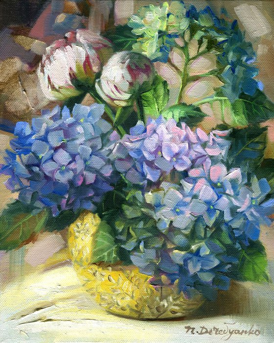 Blue hydrangea and White peonies painting