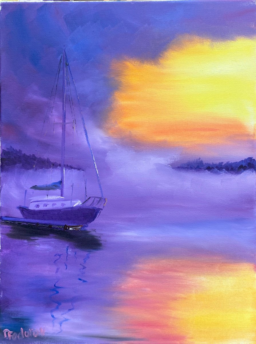Impressionistic Landscape Oil Painting By Dmitry Fedorov, 16 X 20, Foggy Sunrise In The Harbour, Original Artwork