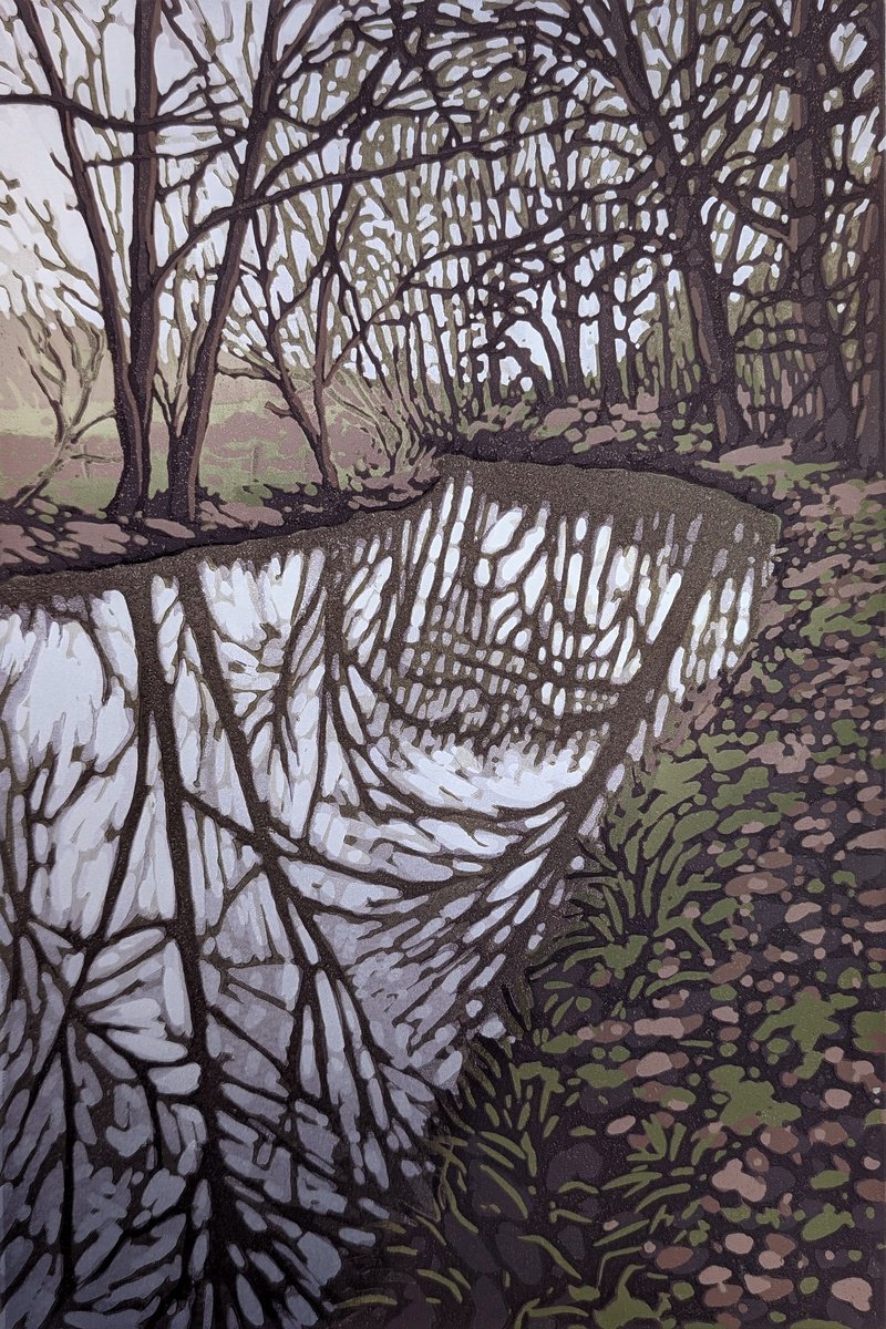 Impressionistic Landscape Linocut By Alexandra Buckle, 10 X 14, Winter River, Original Artwork