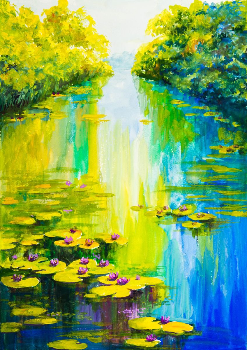Impressionistic Landscape Painting By Galyna Shevchencko, 12 X 17, Water Lilies, Original Artwork