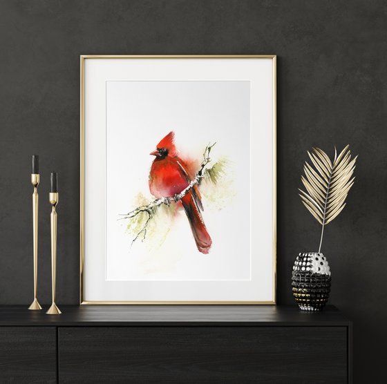 Northern Cardinal Bird Watercolor Painting