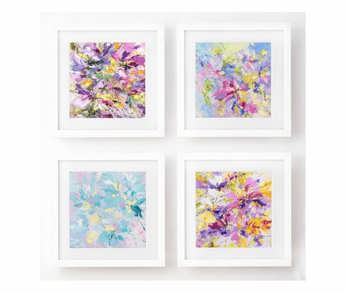 Set of 4 small floral paintings with abstract colorful flowers by Olga Grigo