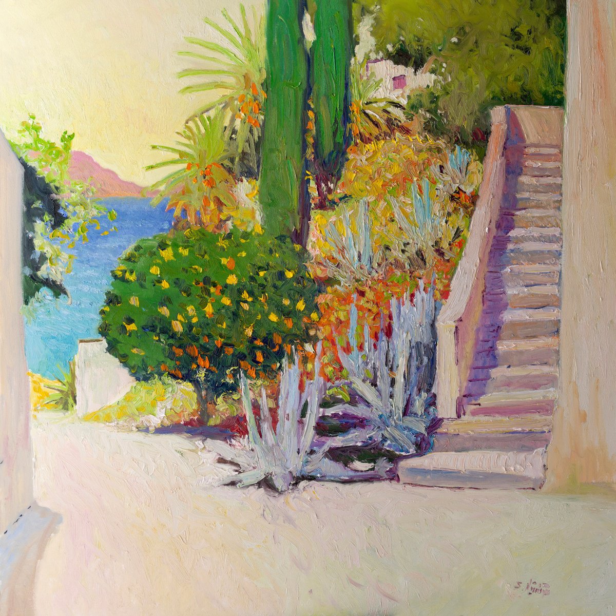 Expressive Landscape Oil Painting By Suren Nersisyan, 36 X 36", Coastal Landscape, California, Original Artwork