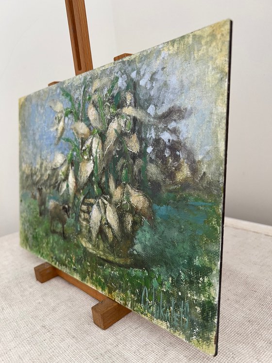 Sheep Snowdrops Pastoral Landscape