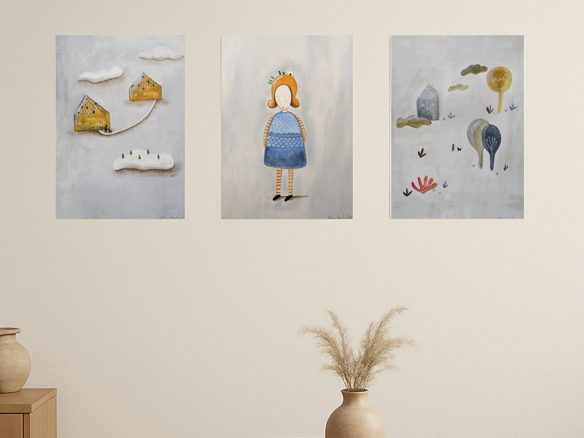 Illustrative Portrait Oil Painting By Silvia Beneforti, 25 X 12", Like In A Fairy Tale, Set Of 3, Original Artwork