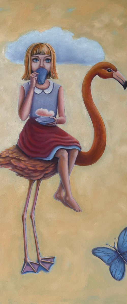 Girl, flamingo and butterfly by Mary Voloshyna