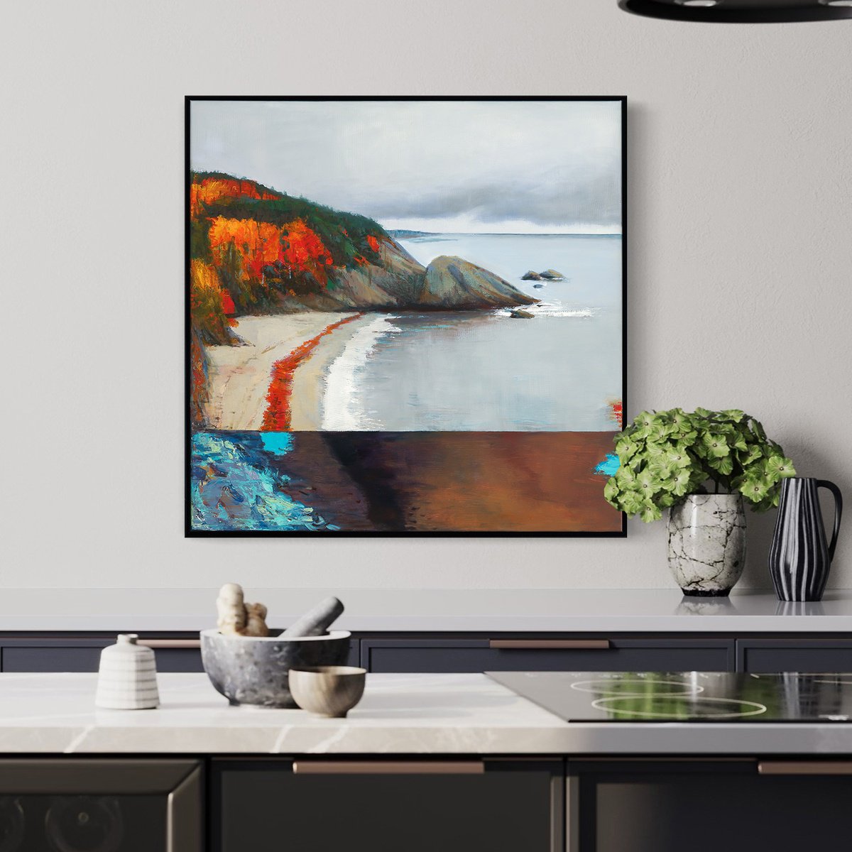 Impressionistic Landscape Oil Painting By Bo Kravchenko, 31 X 31, Oceanic Breeze In Fall, Original Artwork