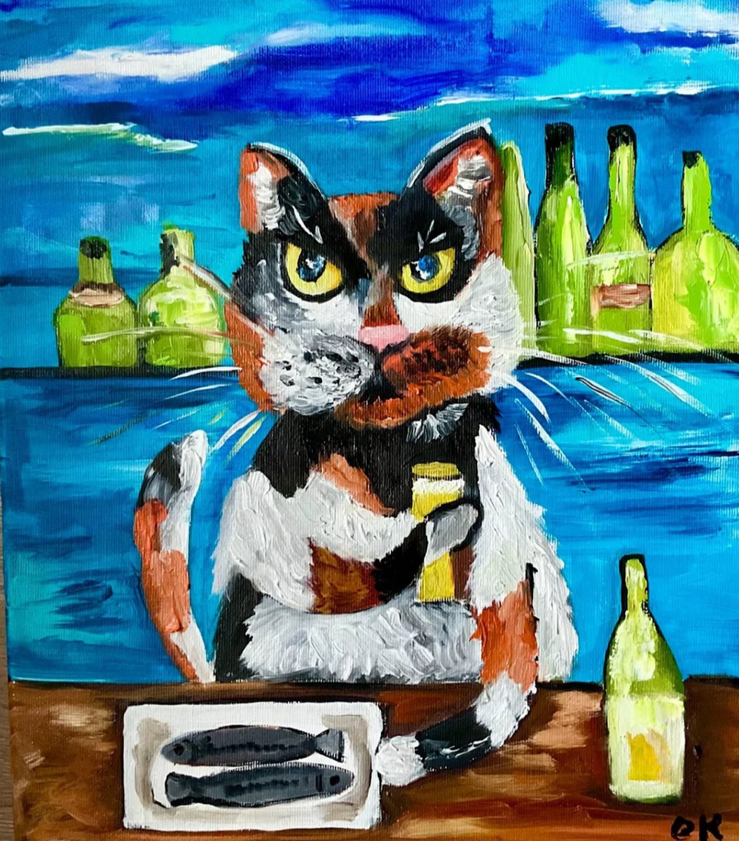 Impressionistic Animal Oil Painting By Olga Koval, 12 X 14", Lucky Cat, Herring And Beer, Original Artwork