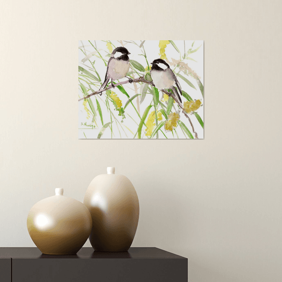 Chickadees and Willow Tree