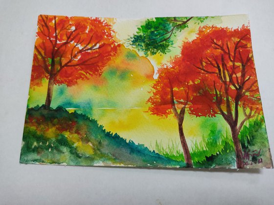 Autumn - Watercolour painting - gift - affordable art - matted artwork