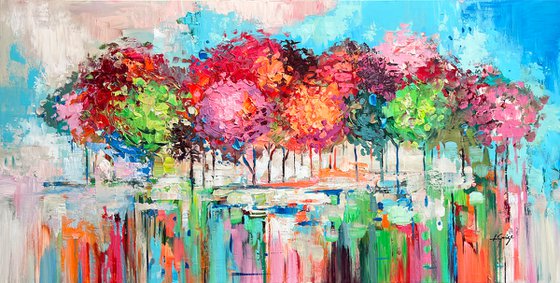 Forest Energy - Original Abstract Tree Painting, Colorful Trees Painting, Large Original Nature Landscape Modern Texture Painting Boho Wall Art Living Room Decor - Size: 48 x 24 inches (120 x 60 cm)