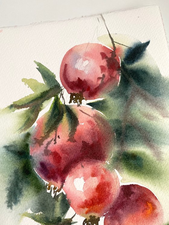 Pomegranates, 27,5x18,5 cm watercolor, red, still life, gift, small size