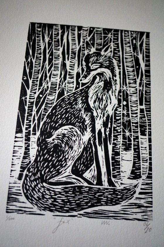 Night Fox Linocut Print