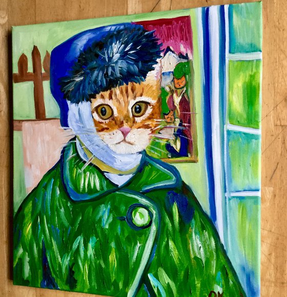 Confused Cat La Van Gogh.  Version of famous self portrait of  Vincent Van Gogh missing ear