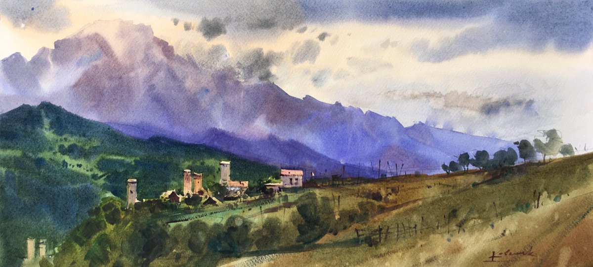 Impressionistic Landscape Watercolour By Andrii Kovalyk, 22 X 11, Blue Georgian Mountains In Mestia, Svaneti, Original Artwork
