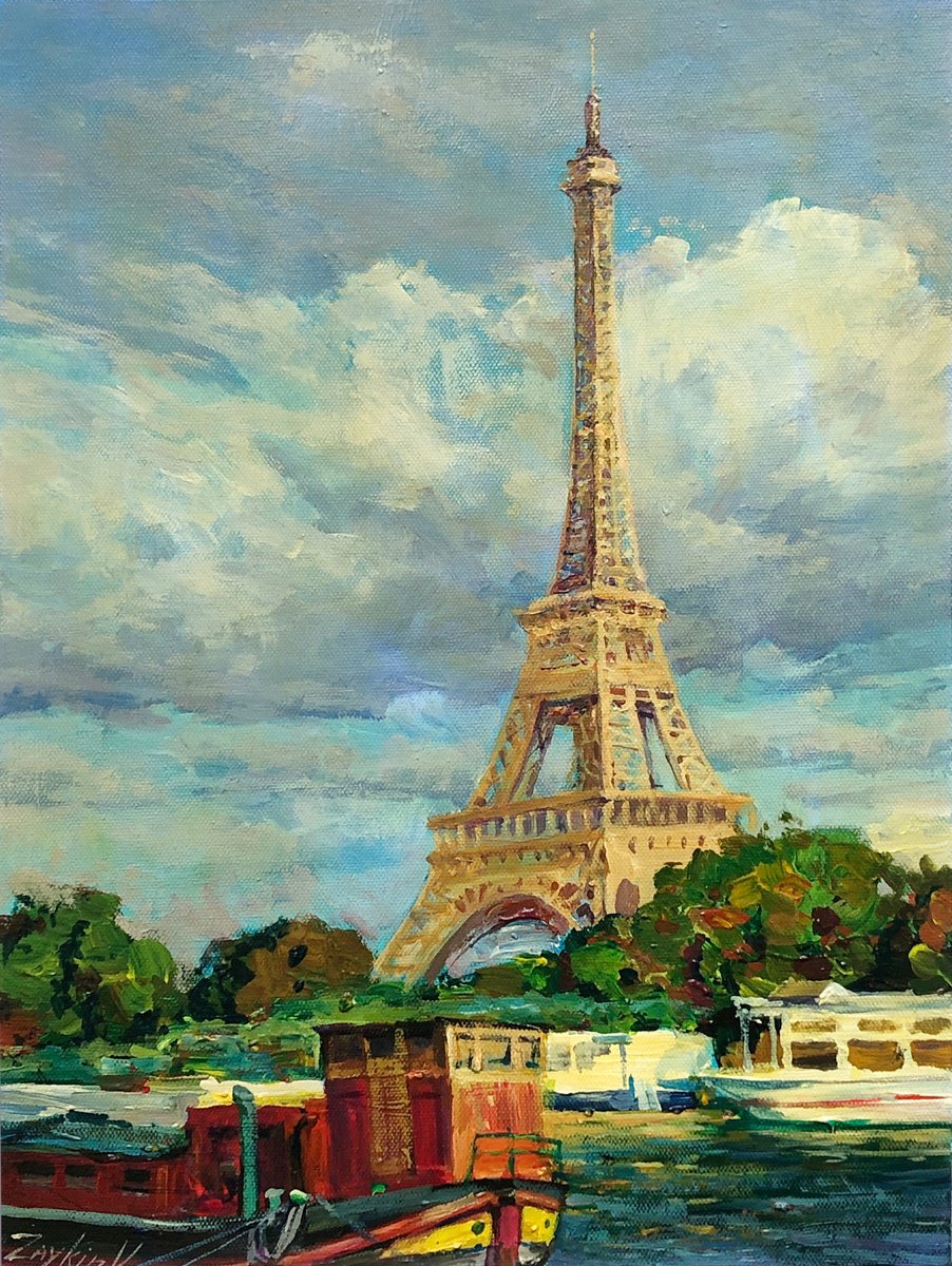 Impressionistic Cityscapes Oil Painting By Viacheslav Zaykin, 12 X 16", Eiffel Tower.seine., Original Artwork
