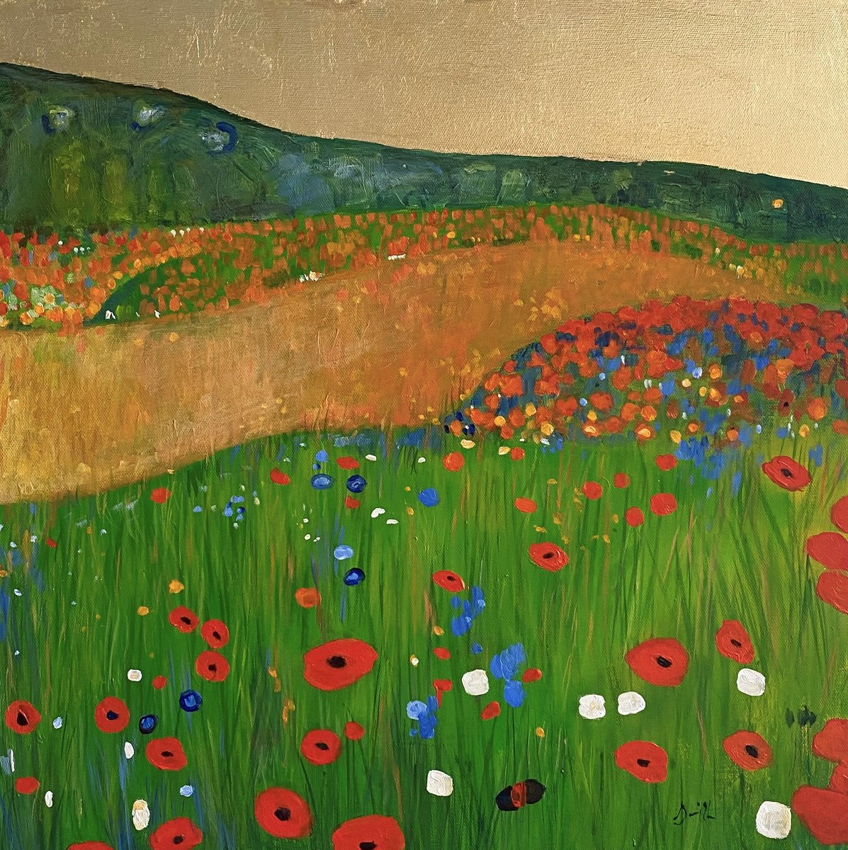Contemporary Abstract Poppy Field & Gold Leaf Landscape. by Jackie Smith