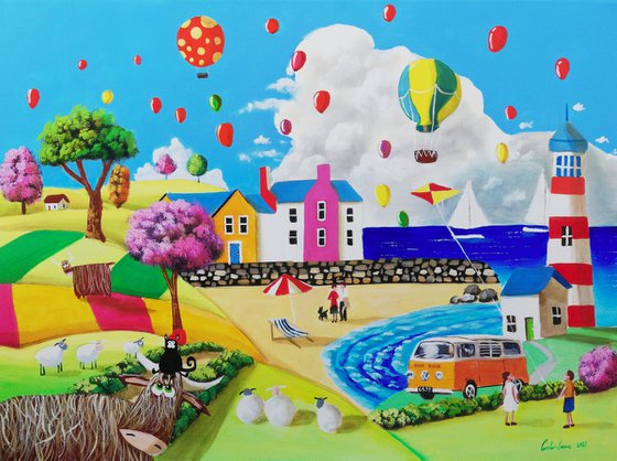 At the seaside, naive art painting