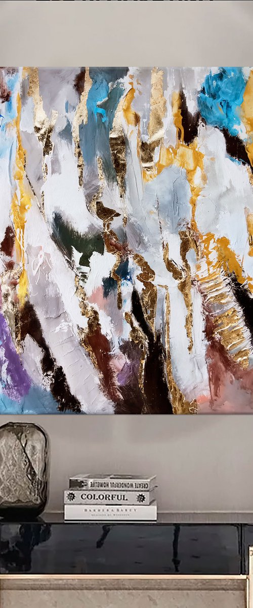 Large abstract painting on canvas, Sparkling gold leaf artwork with texture. by Annet Loginova