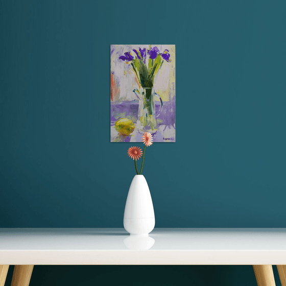 Irises and lemon. Original oil painting