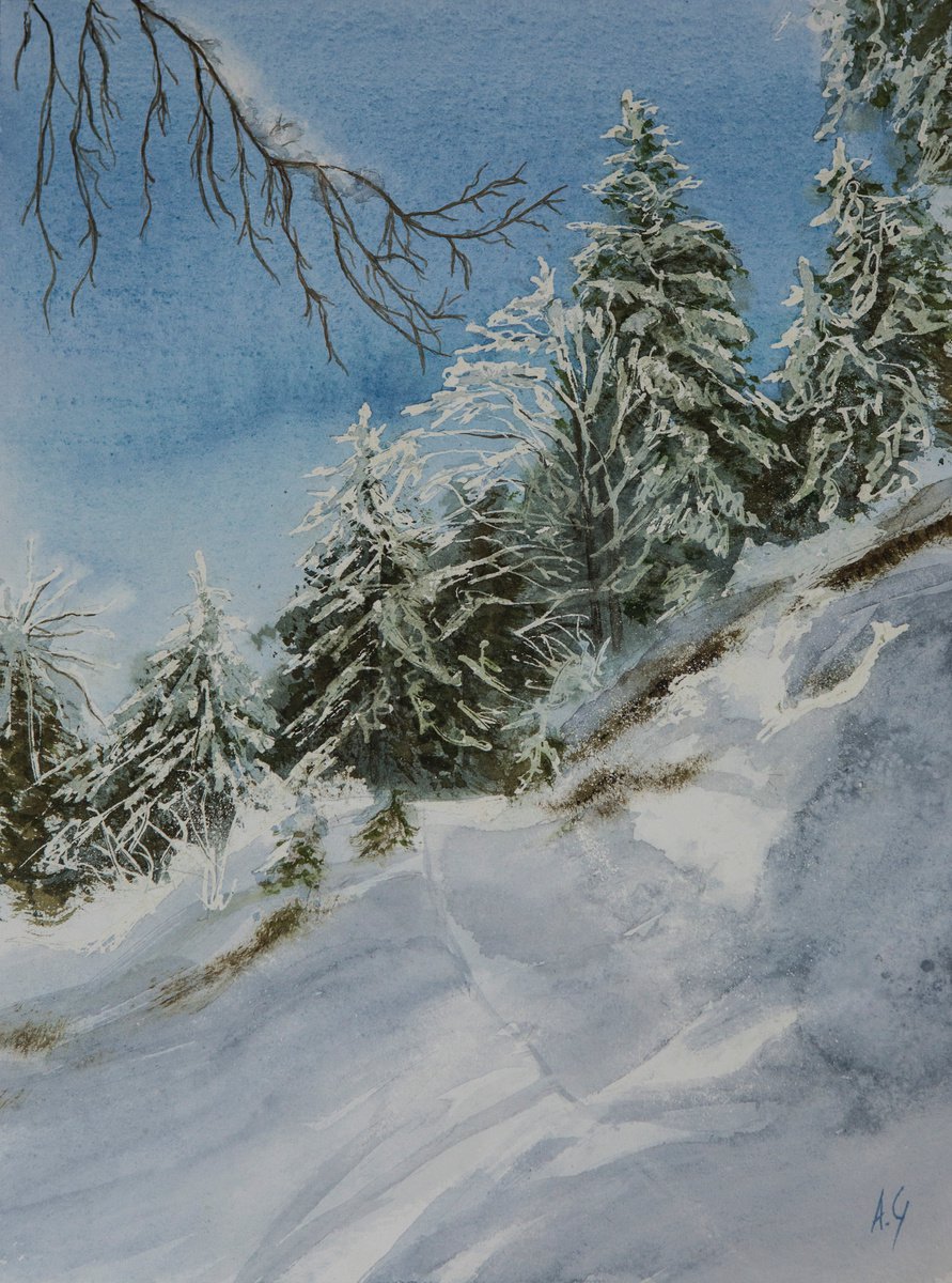 Impressionistic Landscape Watercolour By Aneta Gajos, 12 X 16, Slovenian Winter, Original Artwork