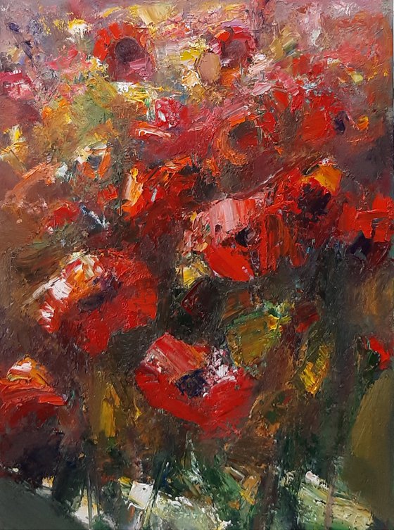 Field of poppies, 33x70cm, oil painting, palette knife