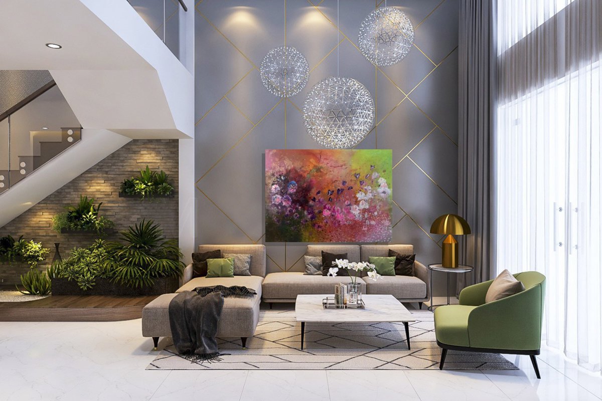 Impressionistic Botanical Acrylic Painting By Henrieta Angel, 48 X 36, Garden Flowers, Original Artwork