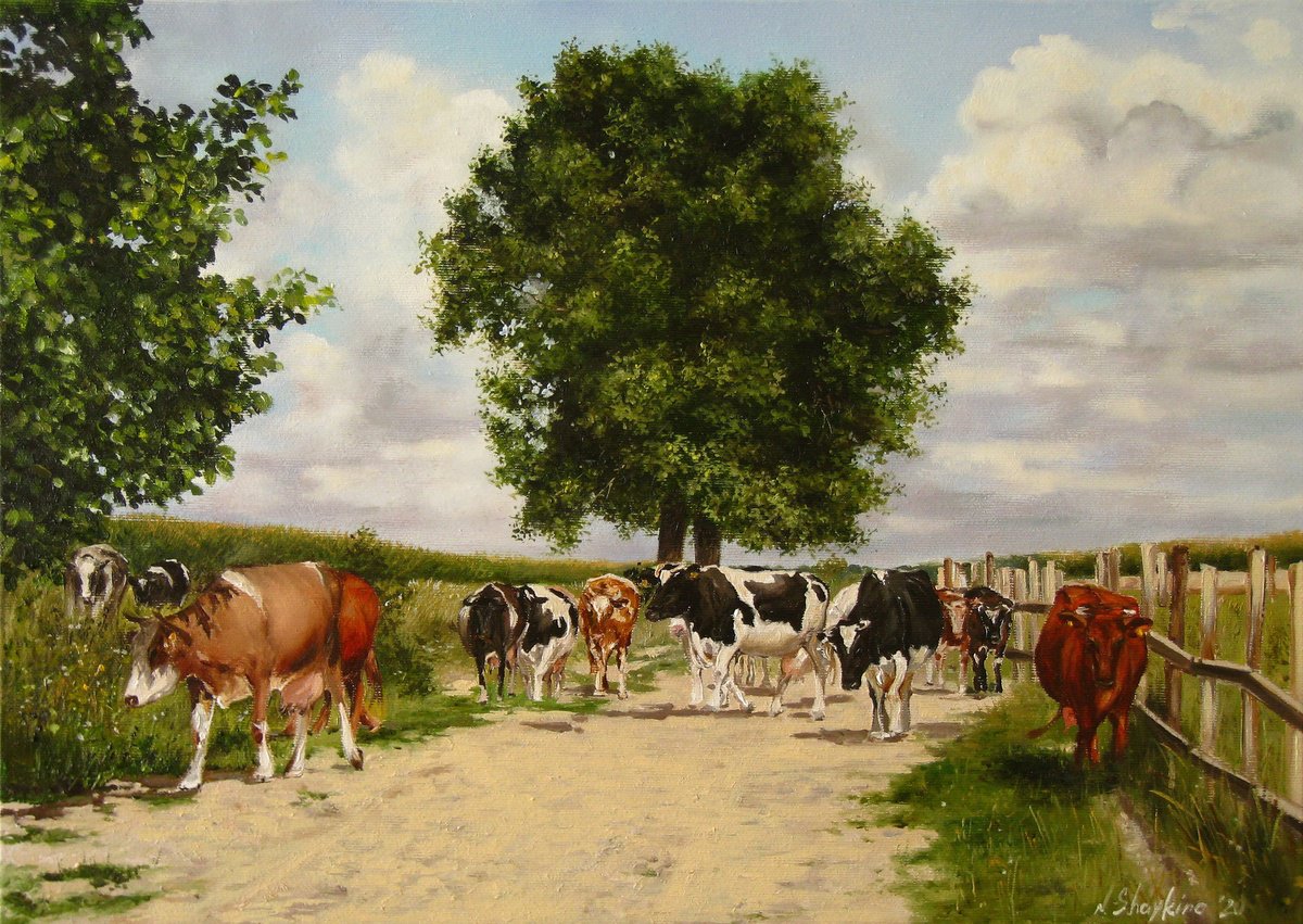 Photorealistic Oil Painting , Rural Landscape With Cows By Natalia Shaykina, 24 X 16, Artwork For Sale On Artfinder