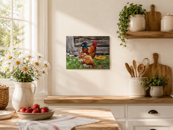 Rooster and Hen in Barnyard