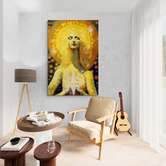 Inner Light. 180 x 120 cm. Magical radiance of the soul. Futuristic fantasy fabulous esoteric surreal mystery harmonious artwork. Yoga meditation relaxation pray aura grace Large format wall art on canvas. Original golden yellow huge digital painting for home decor