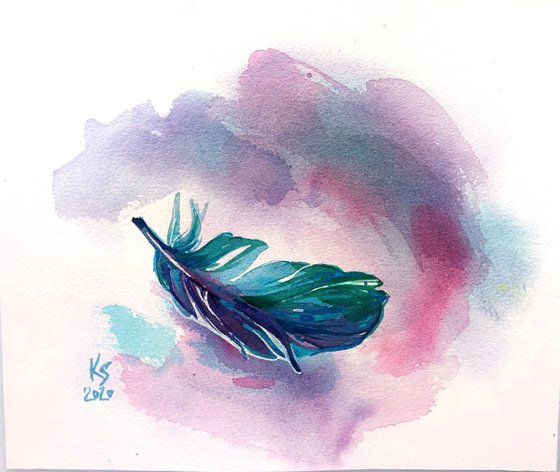 Still life "Fantasy bright blue-green feather of a bird" original watercolor painting square postcard