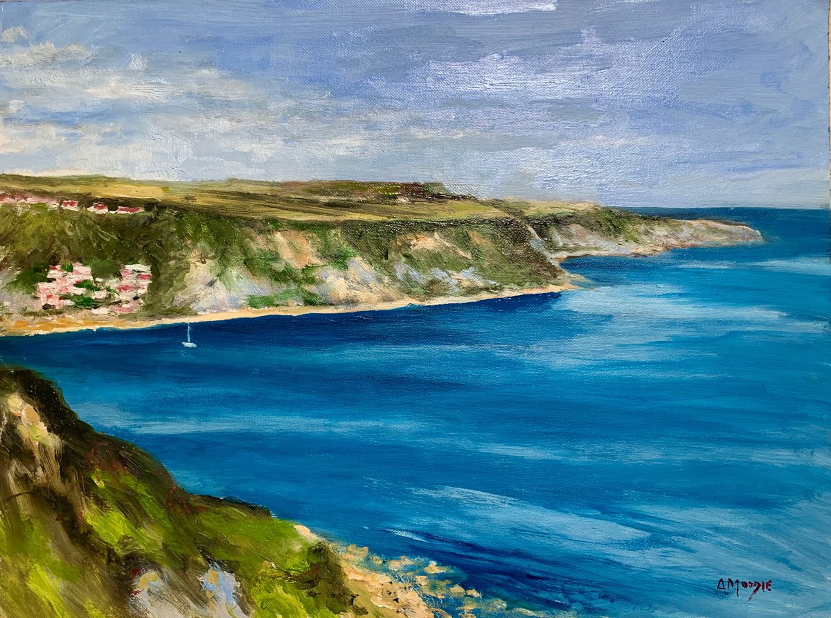 Impressionistic Landscape Oil Painting By Andrew Moodie, 20 X 16, Runswick Bay From Kettleness, Original Artwork