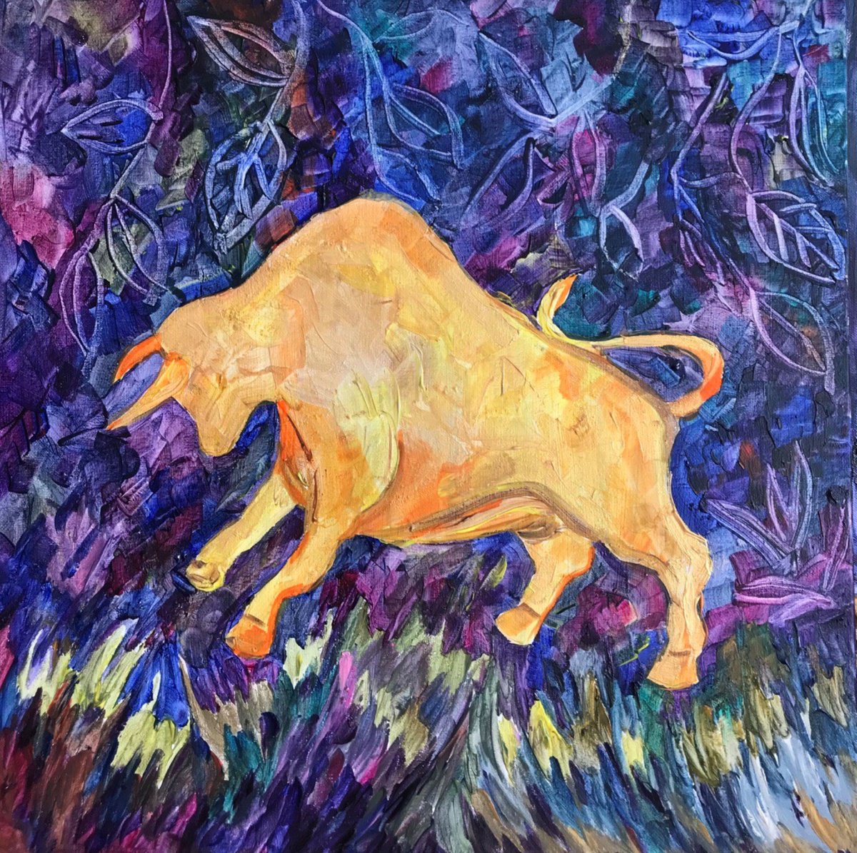 Impressionistic Animal Acrylic Painting By Tetiana Pchelnykova, 20 X 20", Magical Bull, Original Artwork