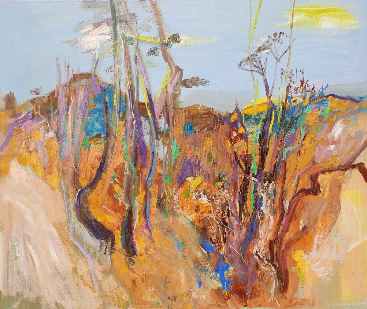 Impressionistic Landscape Oil Painting By Victoria Cozmolici, 47 X 39", Plants, Original Artwork