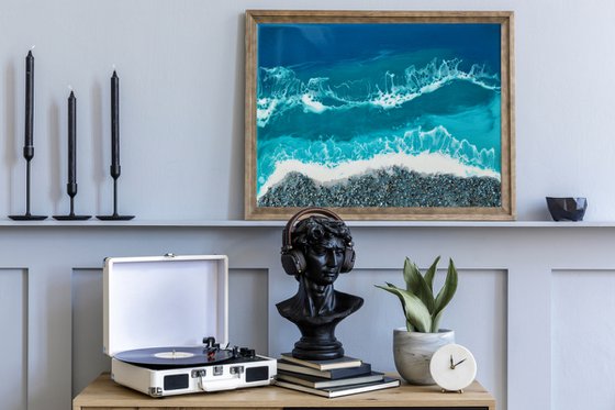 Blue shell beach - original seascape epoxy resin artwork