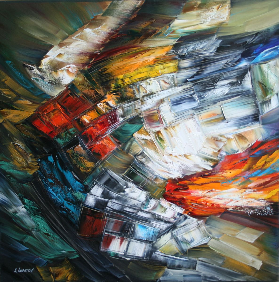 Abstract Oil Painting By Sergei Inkatov, 28 X 28", Red Look, Original Artwork