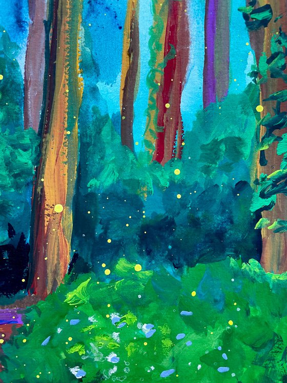 Forest Original Gouache Painting, Green Wall Art, Trees Artwork, Cottagecore Home Decor