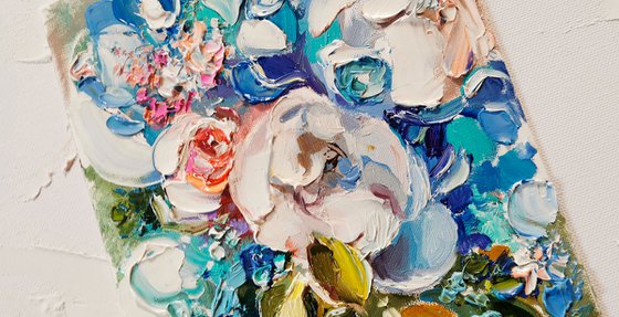 Blue flowers oil painting, Peonies wall art