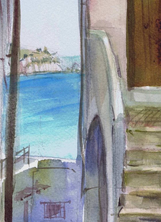 Sperlonga. Street to the sea. Watercolour by Marina Trushnikova. Landscape, A3 watercolor.