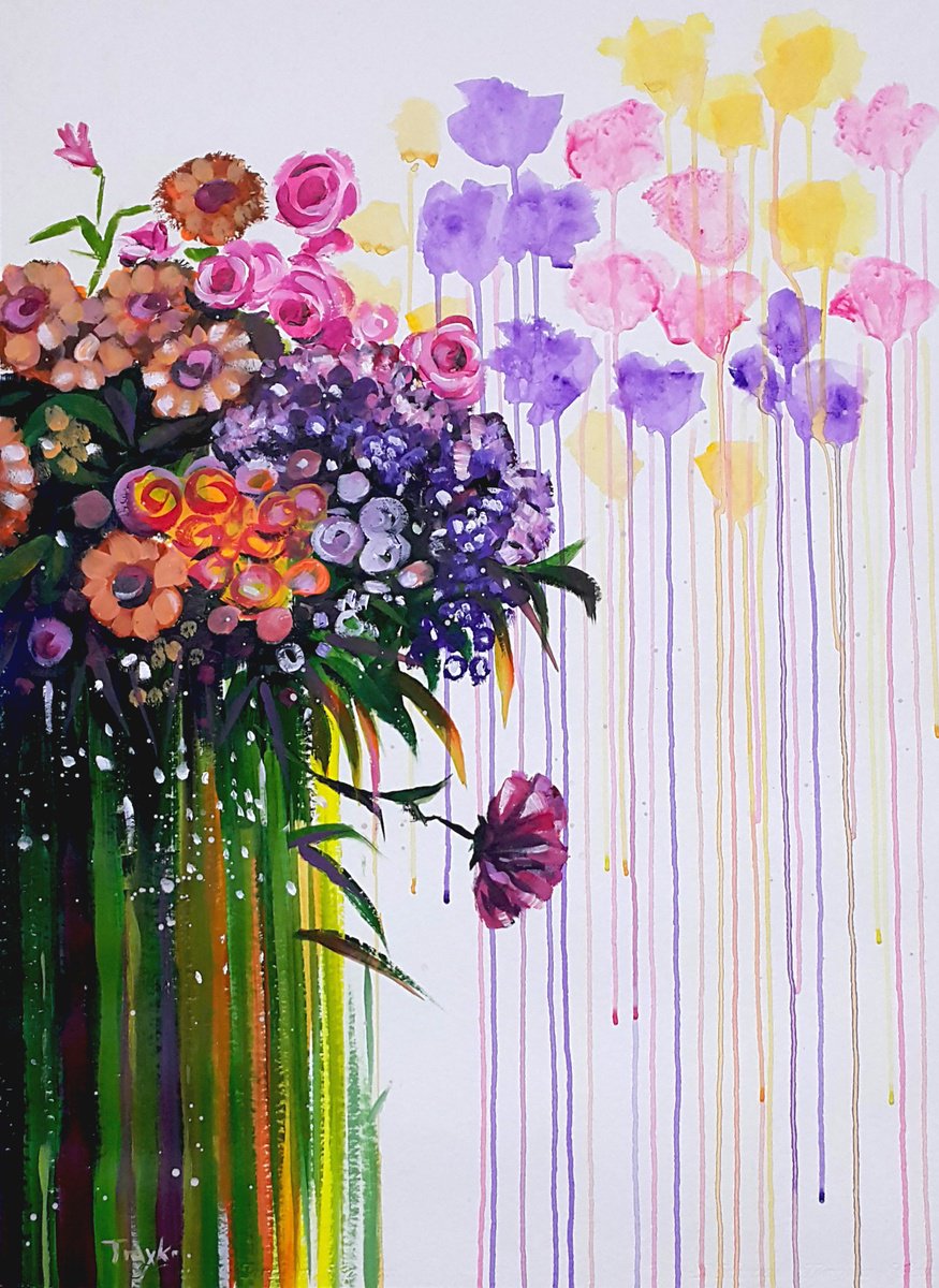 Abstract Botanical Acrylic Painting By Trayko Popov, 22 X 30", Flowers 2, Original Artwork