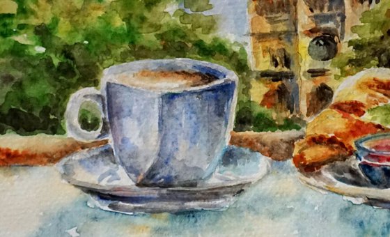 French Breakfast ORIGINAL Watercolor Painting - Food Art - Croissants Desserts Coffee Artwork - Wall Art