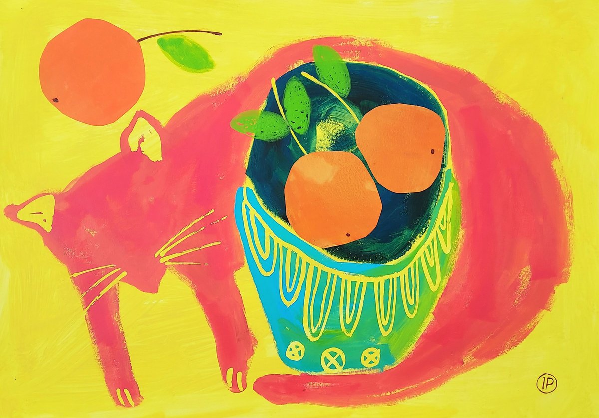 Impressionistic Animal Acrylic Painting By Irina Plaksina, 23 X 17, Oranges In My Dreams, Original Artwork